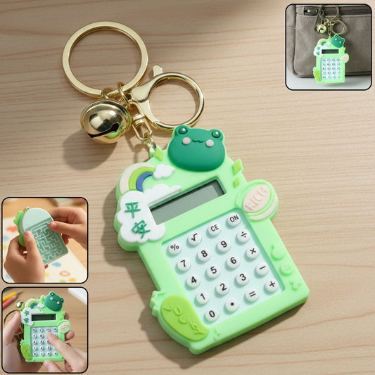 Cute frog cartoon digital calculator keychain with mini display and bell charm