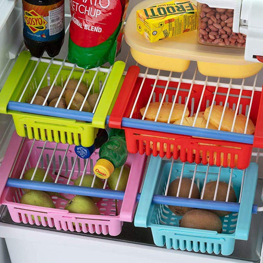 Close-up of an adjustable fridge storage basket showing its smart-slide design.