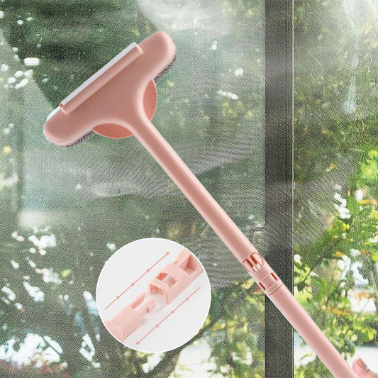 A person holding the blue and grey 2-in-1 Mesh Cleaning Brush, ready to clean a window.