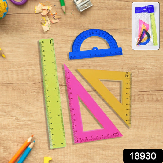 Geometry tool set including straight ruler and triangle ruler in clear plastic