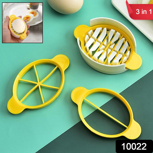 A multi-functional egg slicer showing its various cutting options for slices, halves, and wedges.