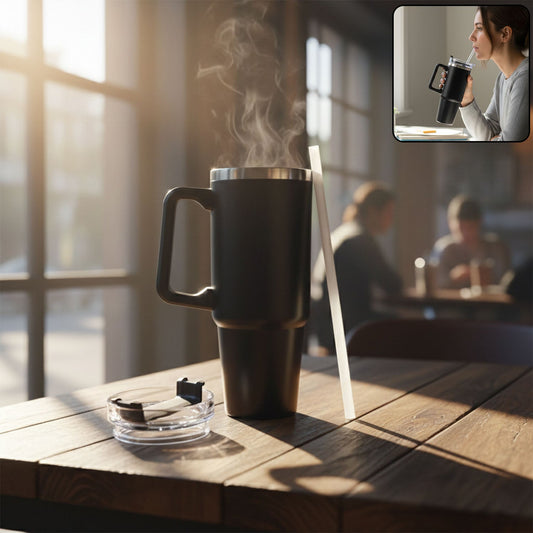 Black insulated travel coffee mug with handle and lid