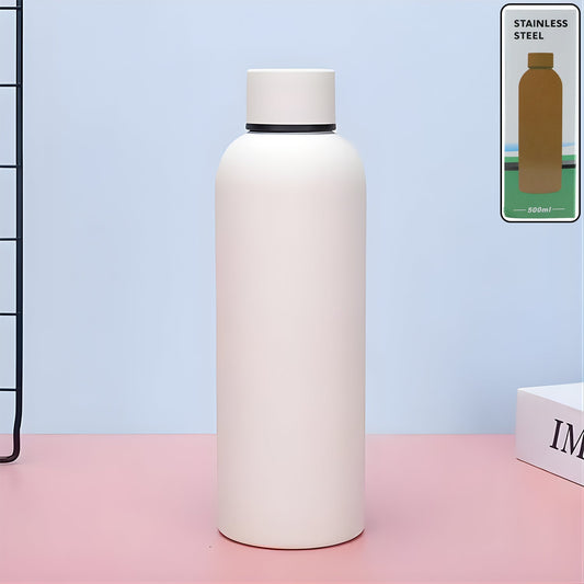 Insulated stainless steel water bottle in white color, 500ml capacity