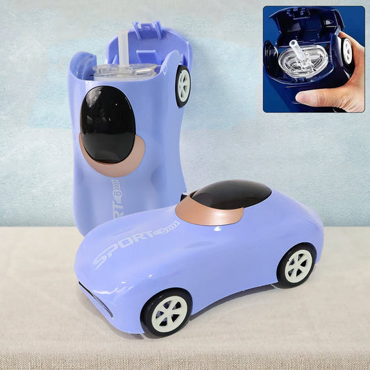 Kids car water bottle with built-in straw in sporty design
