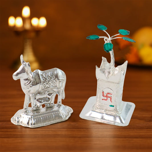 Silver-plated Kamdhenu cow and Tulsi plant pair ideal for pooja and home decor
