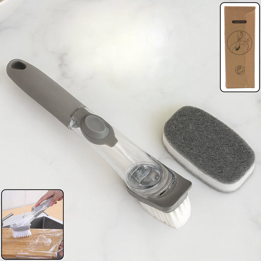 2-in-1 soap-dispensing dish brush with a bristle head and sponge attachment