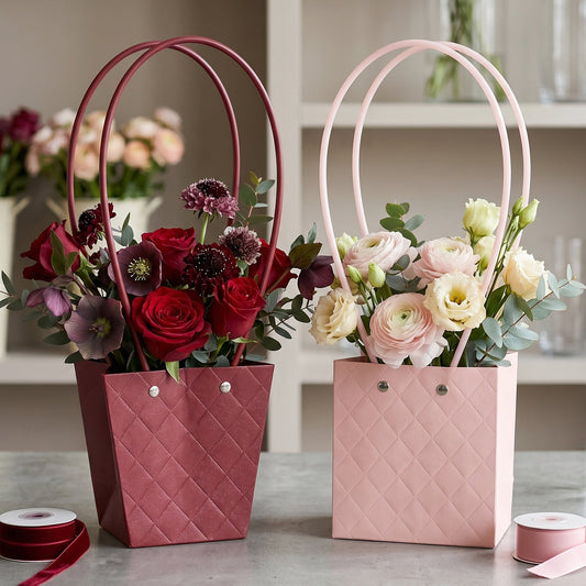 Elegant foldable flower packaging bag with handle and quilted finish