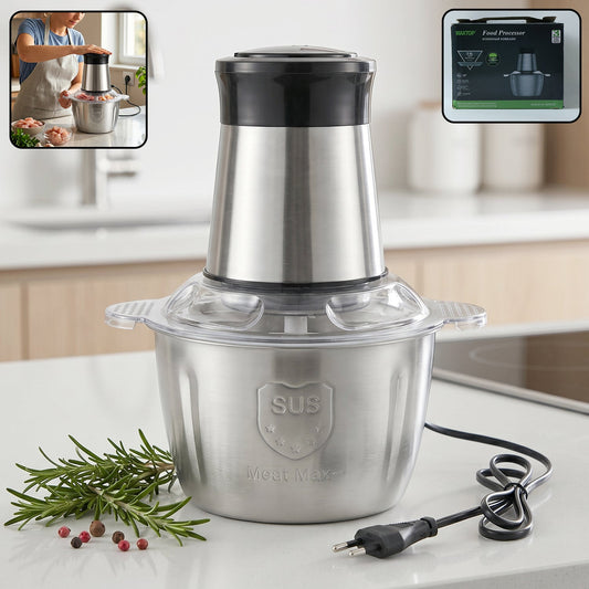 2 litre stainless steel food processor with sharp blades and compact design