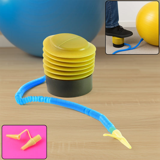 Compact foot air pump with hose for inflating exercise balls.