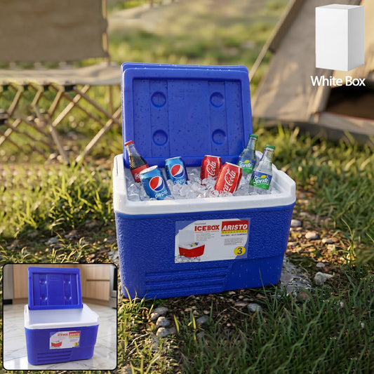 Heavy Duty Insulated Ice Box in blue keeping drinks cold during outdoor trips
