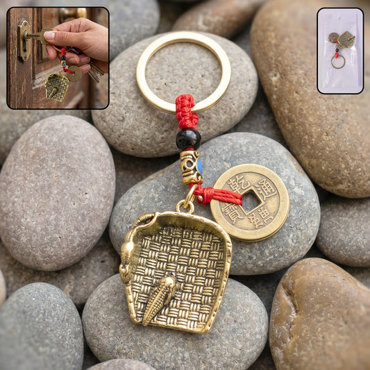Copper plated dustpan pendant keychain with traditional lucky coin