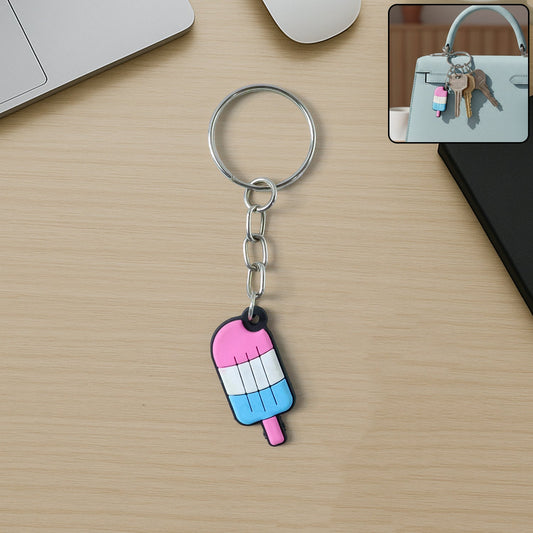 Colorful ice cream popsicle keychain with metal ring hanging on backpack zipper