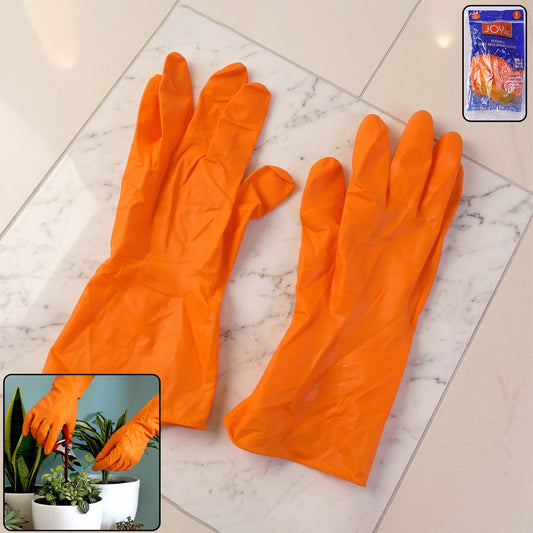 Large orange waterproof rubber cleaning gloves with full coverage