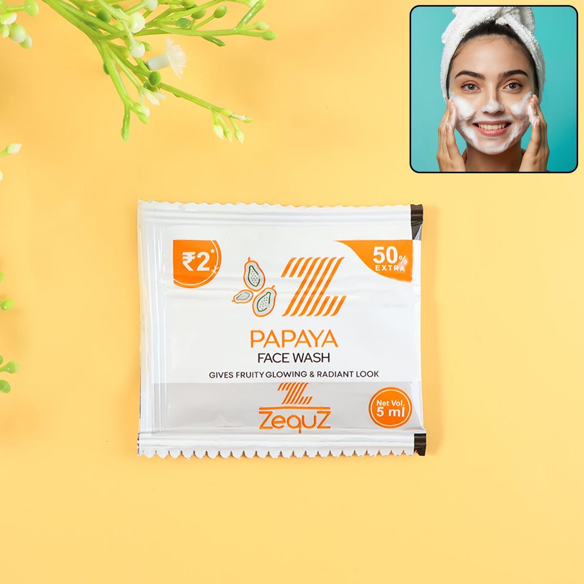 Papaya Face Wash sachet pack with fresh papaya fruit image
