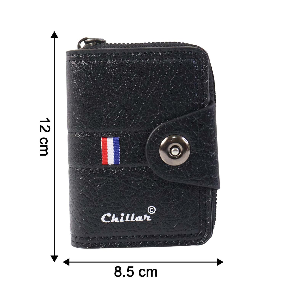 Size reference display for black zip-around card holder wallet