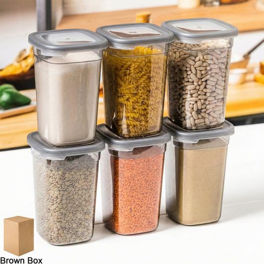 Set of six plastic kitchen storage containers with airtight lids
