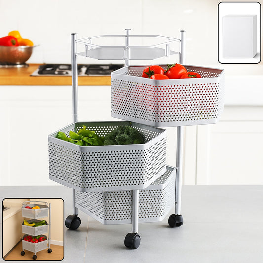 Premium kitchen storage trolley with 3-layer hexagon metal baskets and wheels