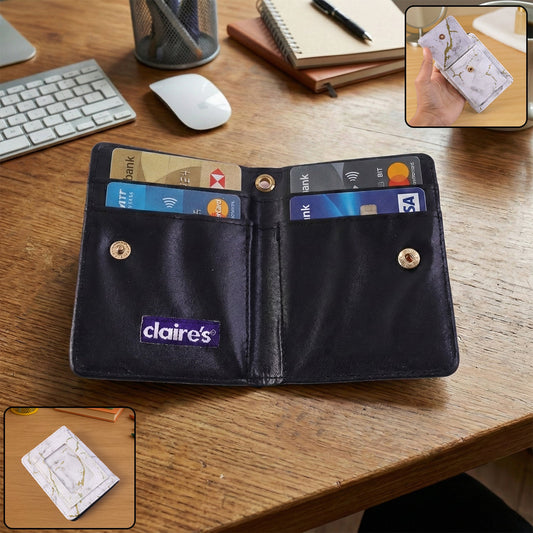 Compact marble finish card holder wallet with snap button closure