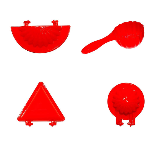 Set of 4 red plastic dough press molds for making gujiya.