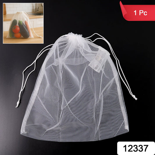 Close-up view of drawstring closure on reusable mesh storage sack