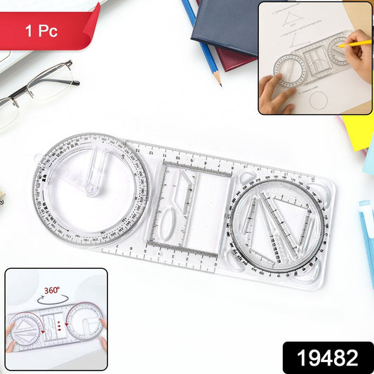 Transparent geometry drawing tool showing ruler and measurement stencils