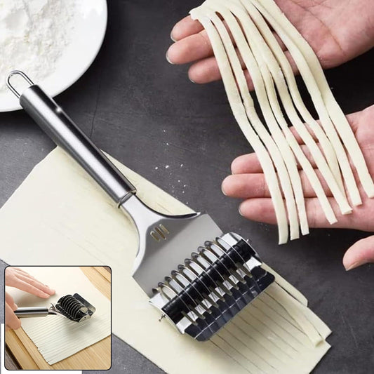 Manual multi-blade dough cutter roller in action cutting dough strips