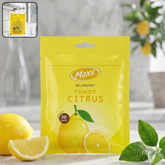 Maxs Tangy Citrus Gel Air Freshener pocket in marigold fragrance with long-lasting scent
