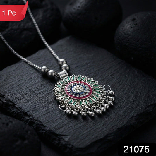 Traditional style charm necklace featuring oxidized floral mandala design with hanging beads
