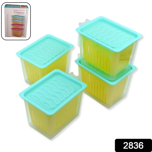 Set of four clear plastic food containers with handles, perfect for kitchen storage.