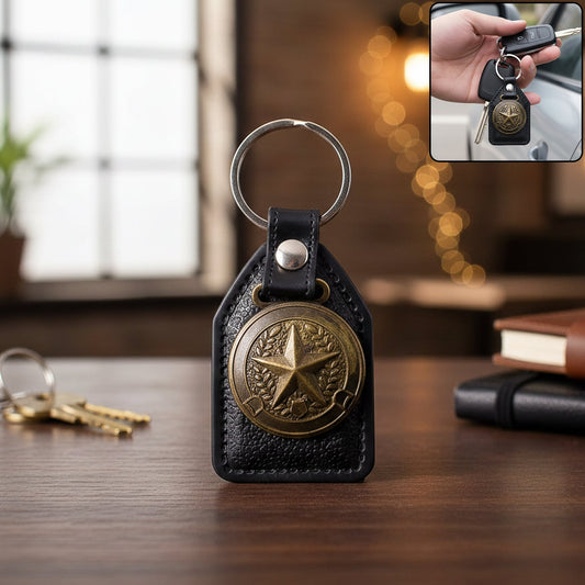 Leather finish metal star emblem keychain with strong key ring