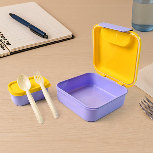 Colorful kids lunch box set with matching spoon and fork