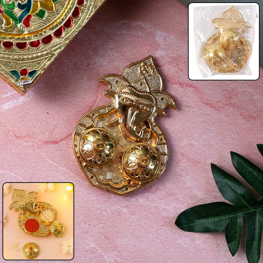 Traditional golden Lord Ganesha kumkum dish with embossed design and dual compartments