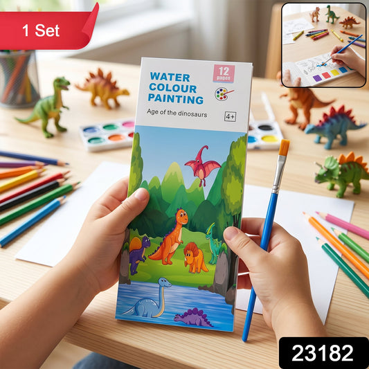 Watercolour painting book with dinosaur designs and included brush