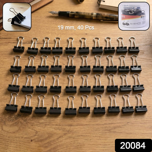 Set of black 19 mm metal binder clips for office organization