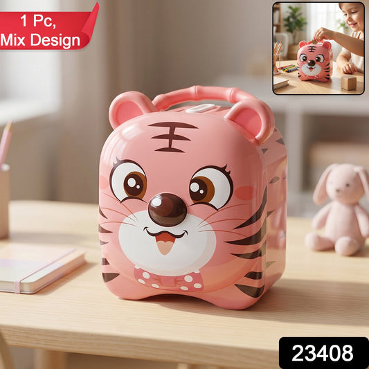Colorful kids piggy bank with lock and key