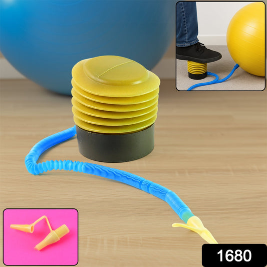 Foot air pump connected to an inflatable exercise ball, ready for use.